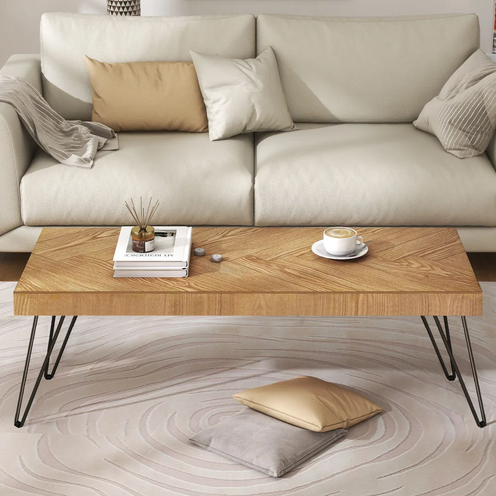 Modern Coffee Table with Chevron Pattern & Hairpin Legs, Easy Assembly, Thicken Cocktail Table, Ash Wood Finish 2