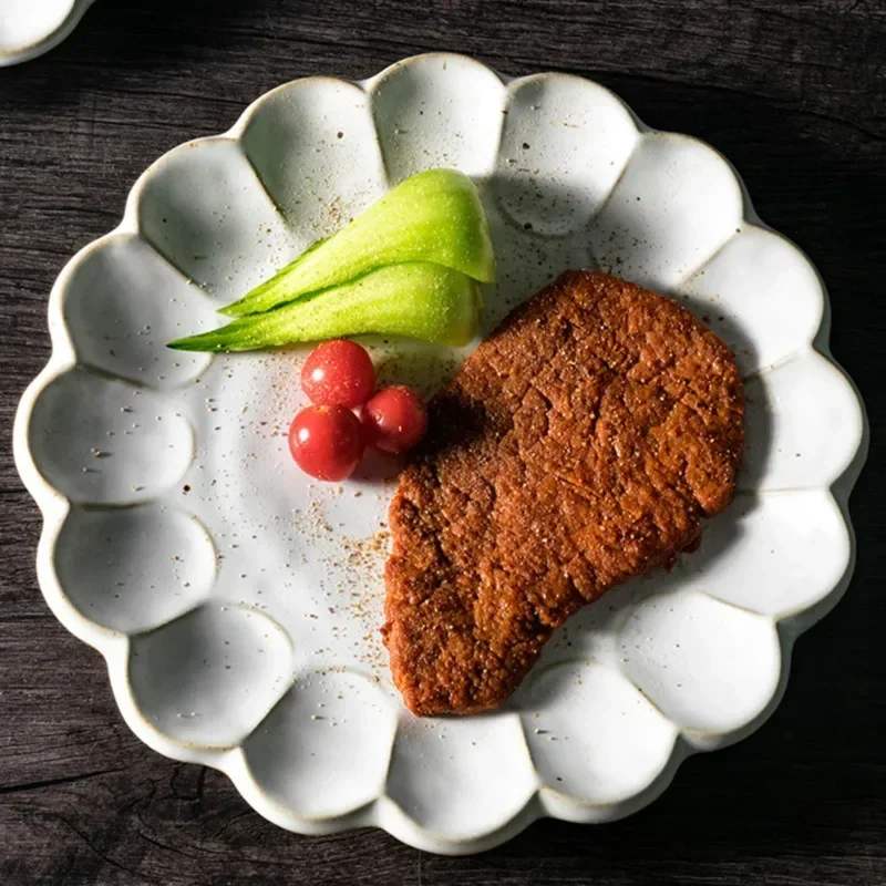 Retro Flower Shape Ceramic Dinner Plate Handmade Tableware Western Steak Dish Fish Tray Salad Soup Bowl