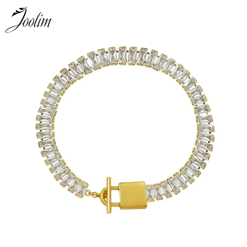 

Joolim Jewelry Wholesale Tarnish Free Light Luxury Lock Toggle Zirconia Pave Stainless Steel Bracelet Trendy For Women