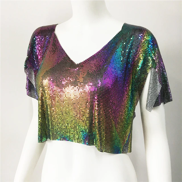 Glitter Chainmail Short Sleeve V Neck Top 39