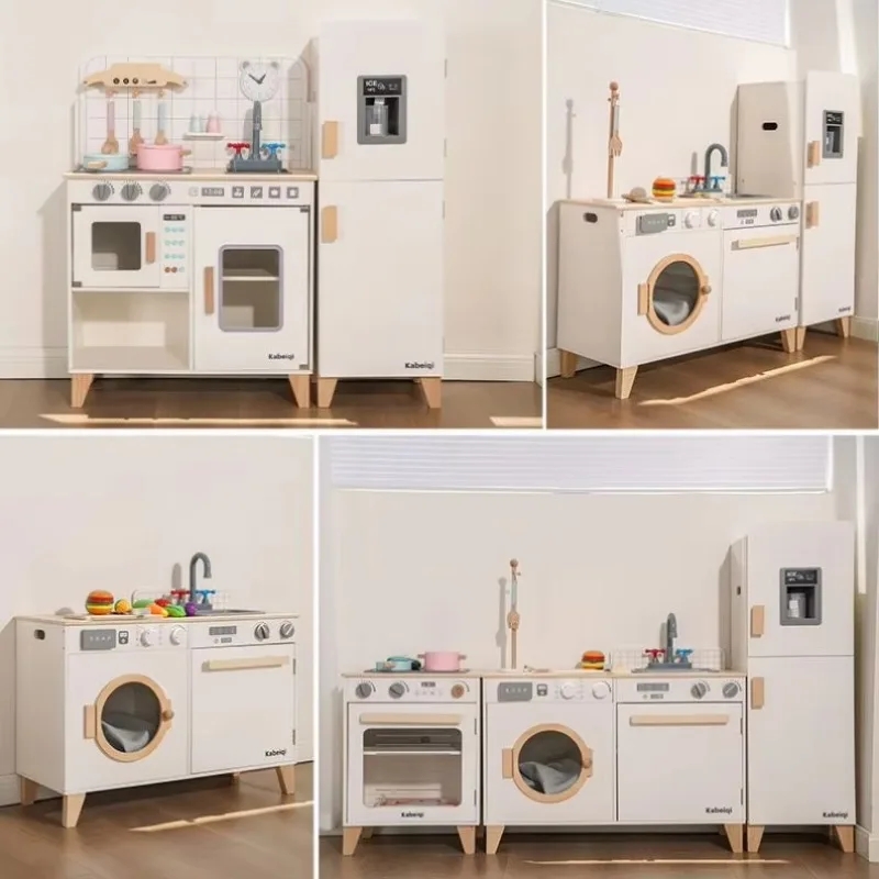 CPC CE EN71 Wooden Play Kitchen Microwave Fridge Washing Machine with Lights & Sounds Christmas Gift for Kids
