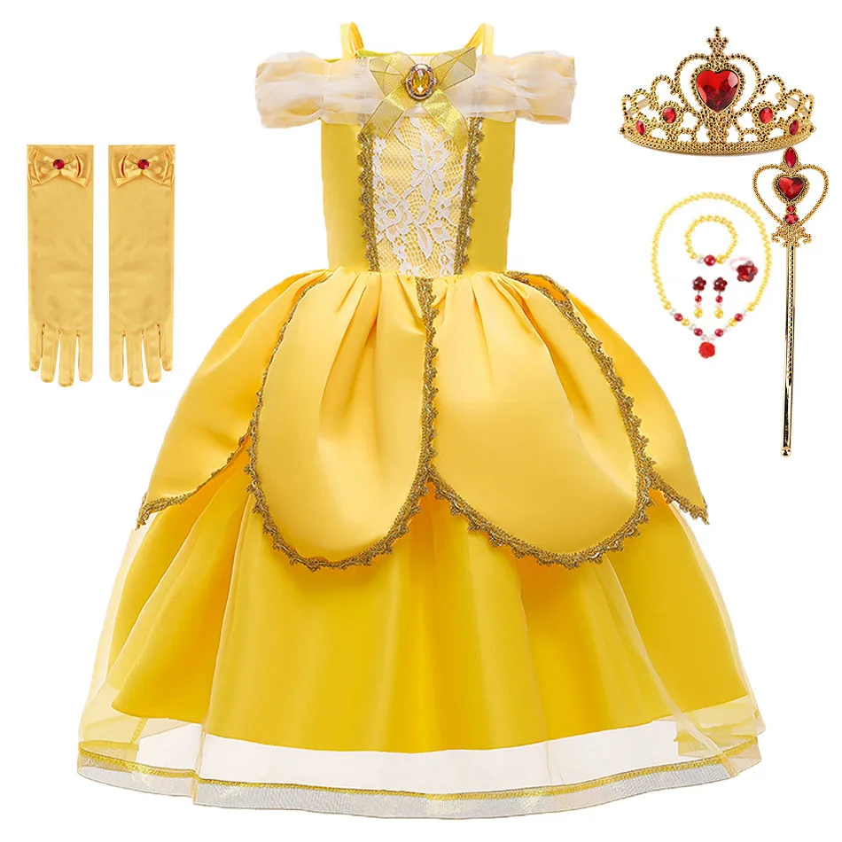 

Girl Cosplay Beauty And The Beast Halloween Costume Kid Birthday Party Belle Dress Children Wedding Party Yellow Ball Gown 3-10Y