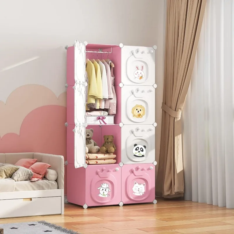Kids Pink Wardrobe Closet with Storage Cubes