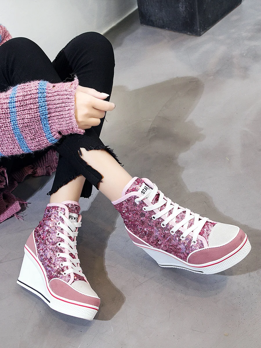 8cm High Heel Canvas Shoes Women Slope Heel Wedge Shoes Sequin Lace Up Muffin Bottom Leisure Thick Soled High Top Shoes