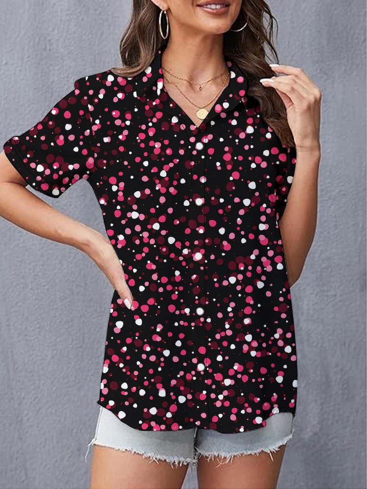 

Summer Ladies Lapel Short Sleeve Shirt Shiny 3D Digital Printed Shirt Women's Street Fashion Women's Shirt