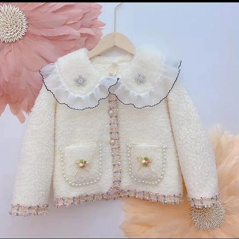 

2023 New Arrivals Spring Autumn Children Long Sleeve Lace Fleece Ruffles White Child Girls Clothes Sweater Overcoat 5-8T