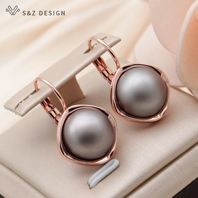 S&Z DESIGN New Fashion Temperament Round Simulated-pearl Dangle Earrings For Women Wedding Jewelry 585 Rose Gold Color Eardrop