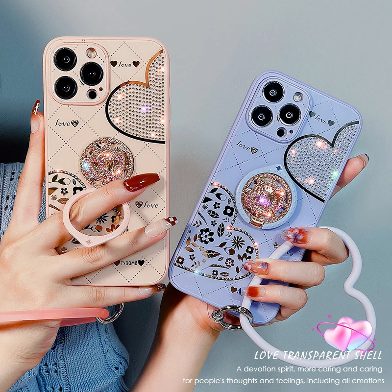 For iPhone 13 Pro Max 12 11 XS XR 8 7 Glitter Bling Heart Love Ring Square  Case