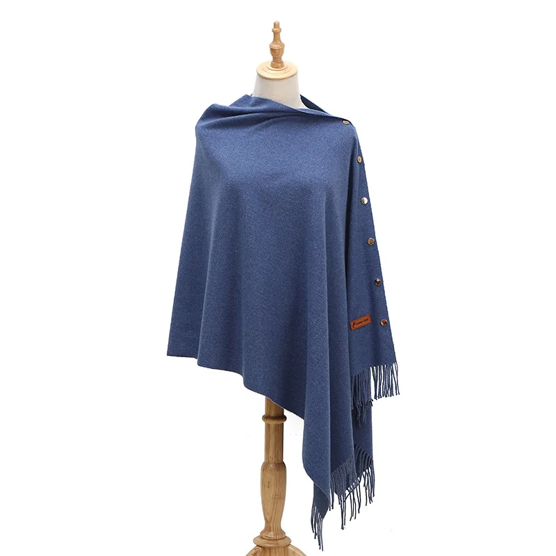 

2022 Spring Autumn Women Imitation Cashmere Lady Shawl Warm Pure Color Tassel Cloak Shawl Scarf Dual Purpose Poncho Capes Blue