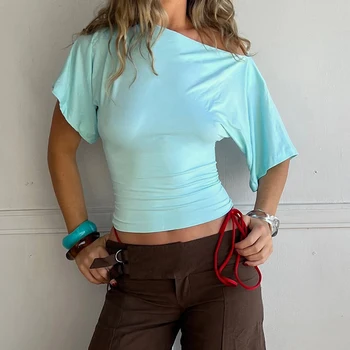 Solid One Shoulder T-shirt Women Tops 2026 Summer Short Sleeve Crop Top Off Shoulder T Shirts Party Basic Casual Y2k Tops Tees 1