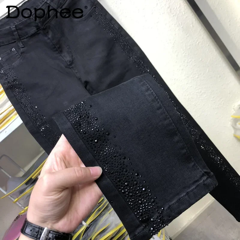 Black Rhinestone Jeans for Women 2023 Spring Autumn New Elastic Slim Fit High Waist Fleece Padded Tappered Pencil Pants Female sequins hot rhinestone feet jeans women s spring and summer new high waist pencil cropped pants mom s jeans boyfriend pants