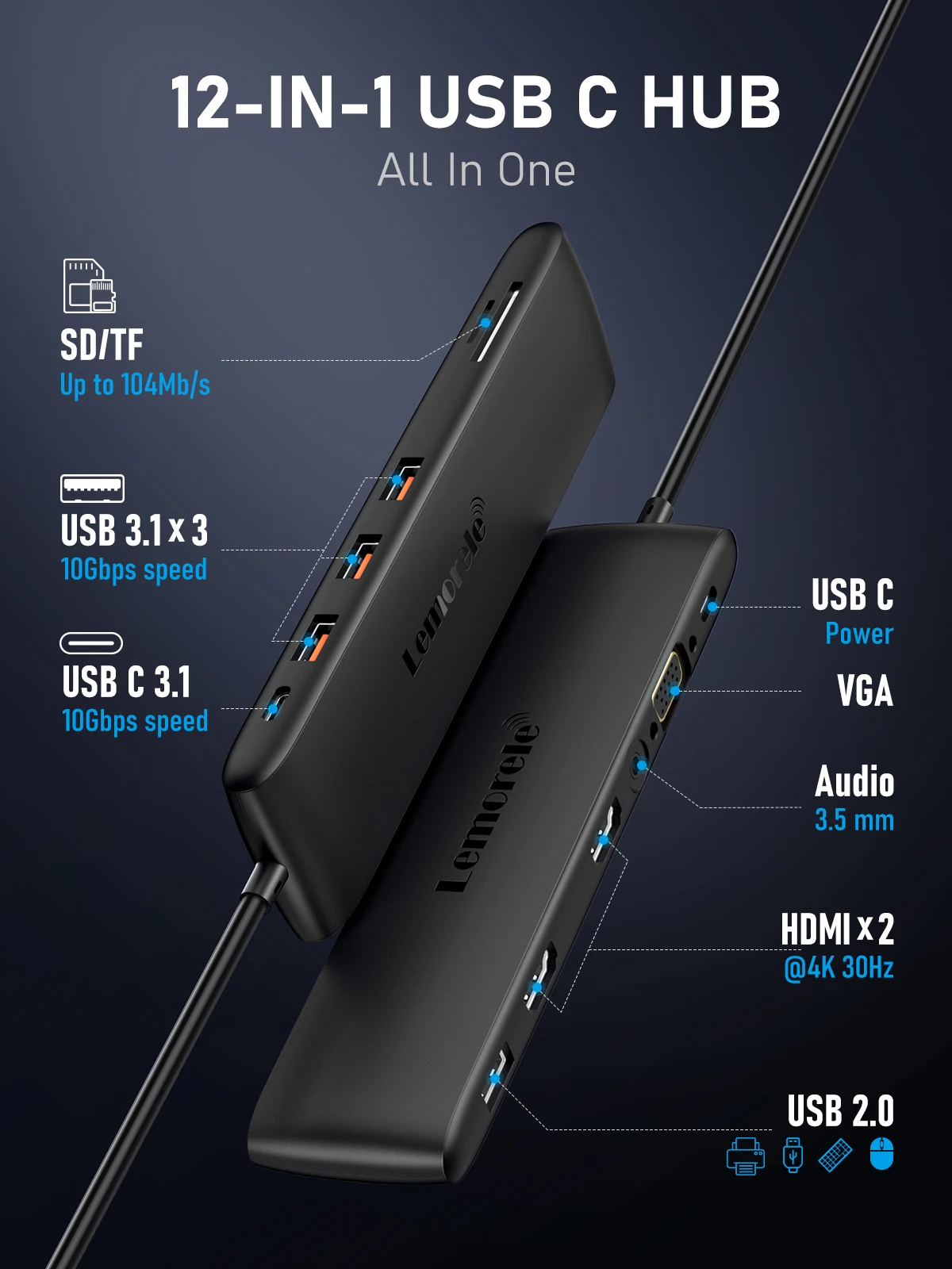 Hiearcool USB-C Docking Station for Laptop, Triple Display Dock with 4K HDMI & 1080p VGA, 11-in-1 USB-C Dock with Ethernet, 100W Charging for Home Office