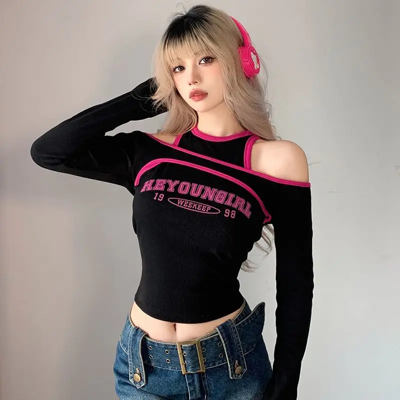 

Gothic Top Long Sleeve 90s Vintage Graphic Print Skinny Pullovers Tee Punk Grunge T-shirt Y2K Aesthetic Alt Emo Clothes