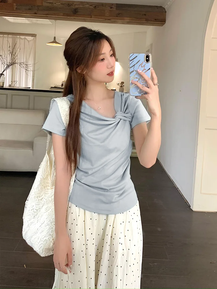 

Женская Асимметричная футболка с открытыми плечами и коротким рукавом, новый стиль лето 2024