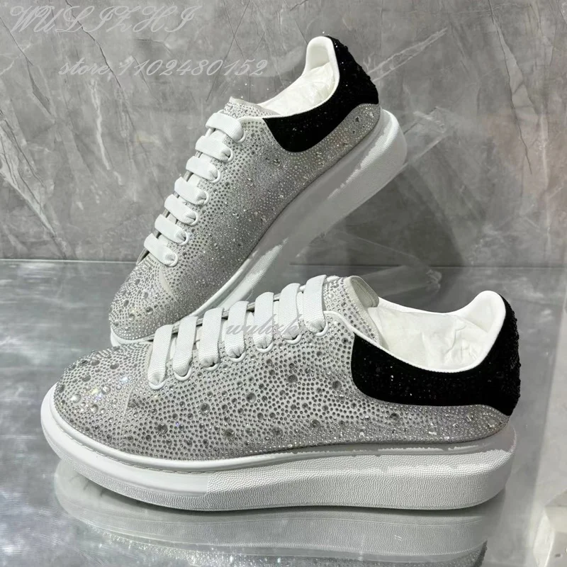 Black White Crystal Casual Sneakers Women Shiny Bling Flats Summer Lace Round Toe Genuine Leather Soft Comfortable Catwalkshoes
