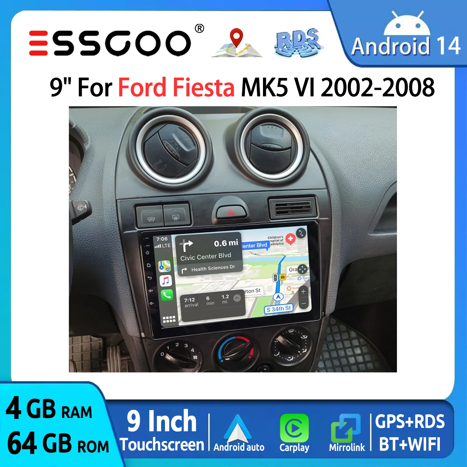 ESSGOO 9" HD Touchscreen Display Android 14 Wireless Carplay Android Auto für Ford Fiesta MK5 2002–2008 Autoradio GPS Navigation SWC FM BT RDS Multimedia Video Player Mirror Link