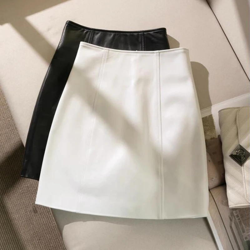 new Genuine Leather autumn winter fashion casual brand female women girls high waist skirt