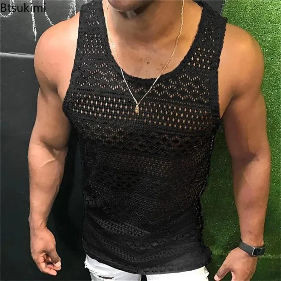 2024 Summer Tank Top for Men Lace Hollow Out Sleeveless Shirts Mens Clothing Slim Fit Gym Clothes Workout Solid Vest Tops Male