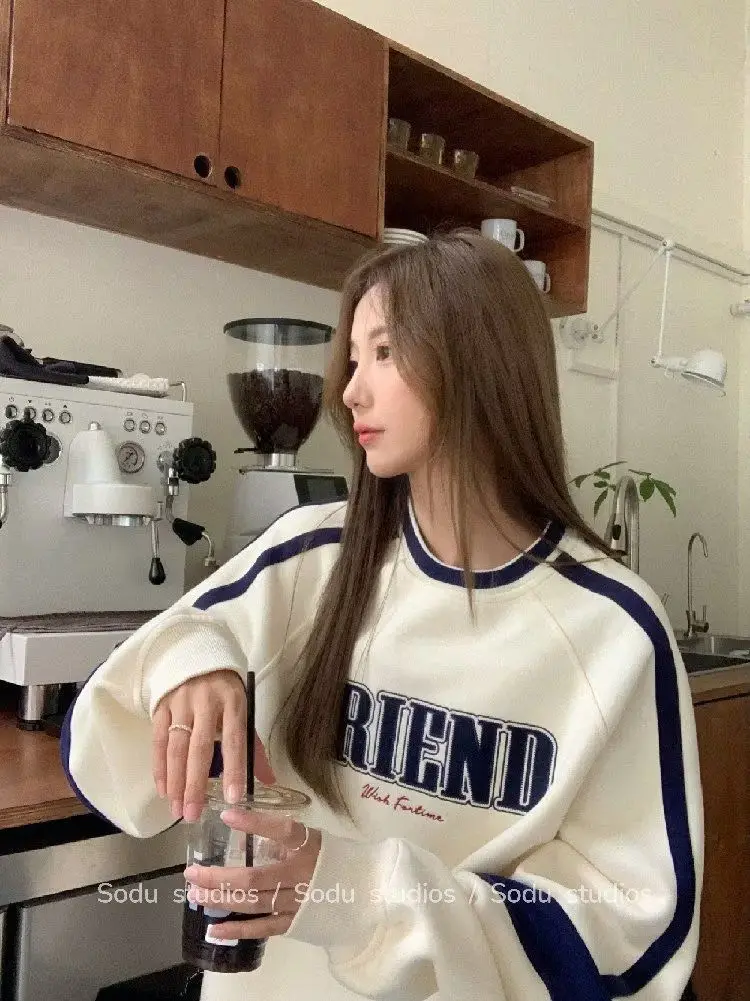 Korea Sweatshirts Fashion Round Neck Street Loose Long-sleeved Retro Jackets Autumn Letter Print Casual Pullover Tops