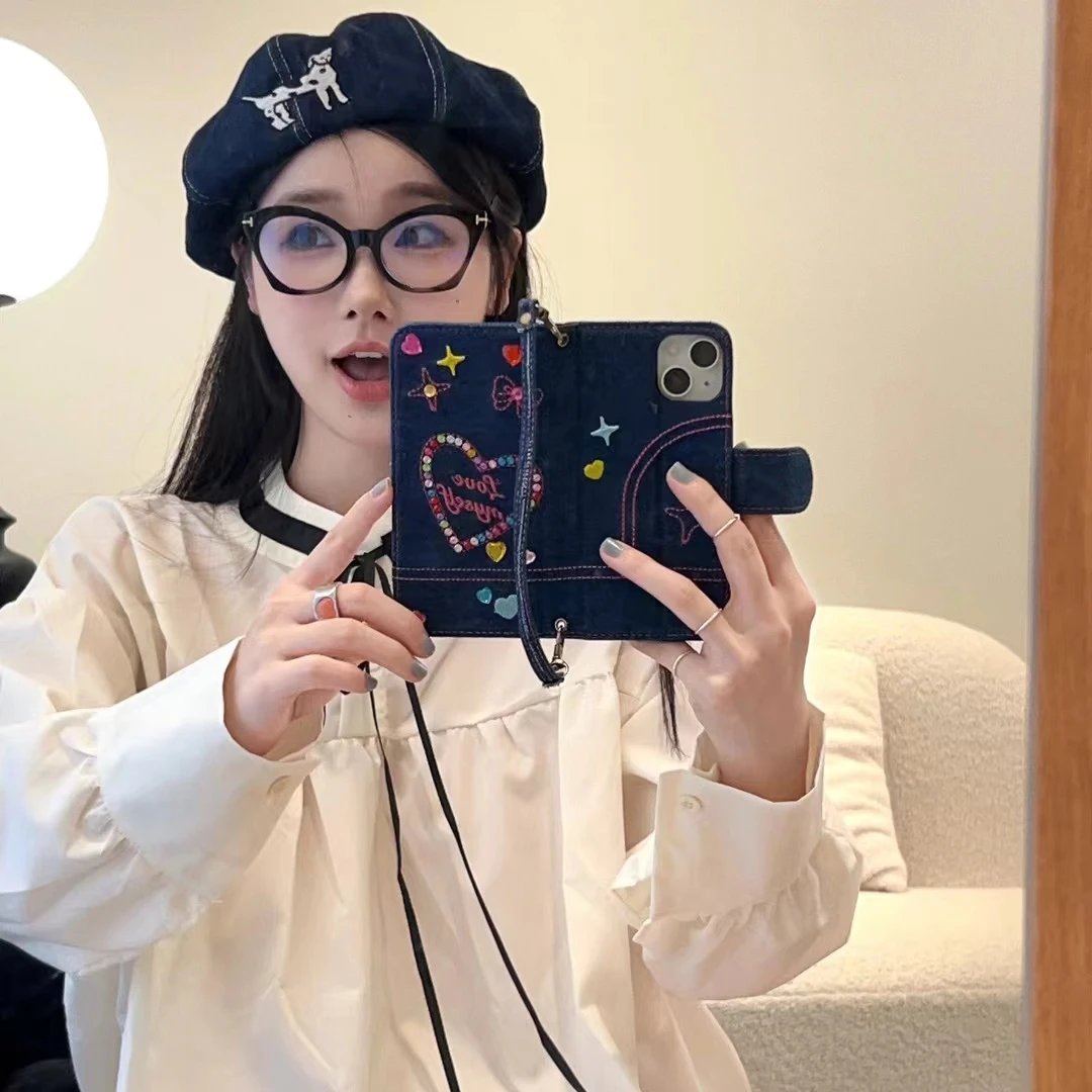 Fashion Denim Jeans Flip Case For iPhone 15 14 Pro Max 13 12 Embroidery Bling Diamond Love Heart Card Slots Pocket Wallet Strap