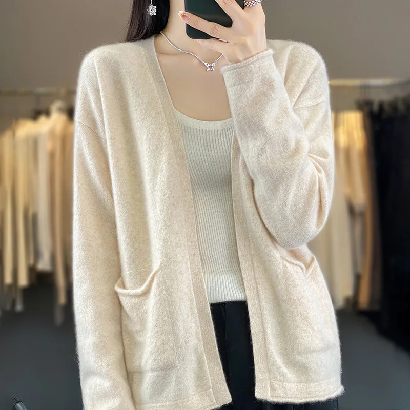 

V-Neck Cashmere Cardigan Autumn Winter Women's Long Sleeved Warm High-Quality Solid Color Knitted Buttonless Soft Wool Coat