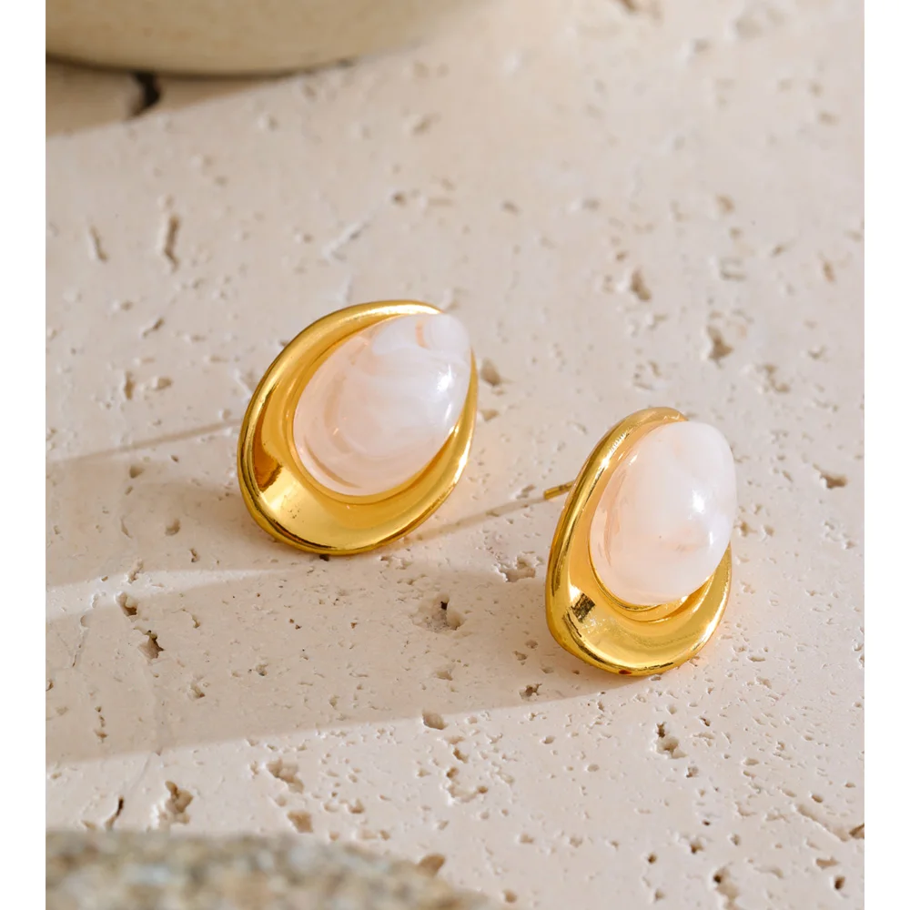 Yhpup Earrings Oval Stud 18K Golden Plated