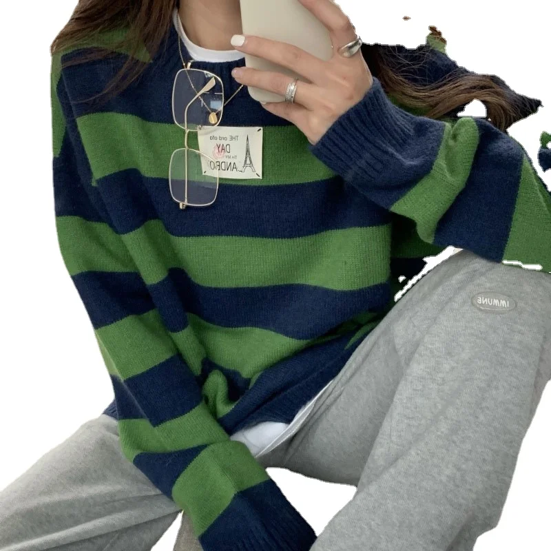 

Lazy wind striped pullover sweater women's autumn and winter sweater new literary coat