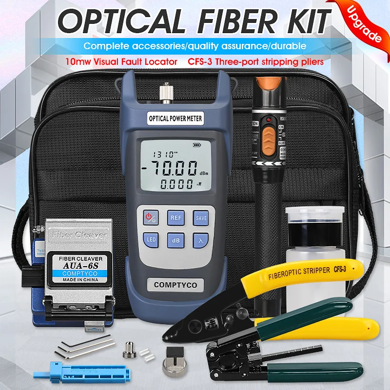 19pcs/set FTTH Fiber Optic Tool Kit with AUA-6S Fiber Cleaver -70~+10dBm/-50+26dBm Optical Power Meter 10mw Visual Fault Locator