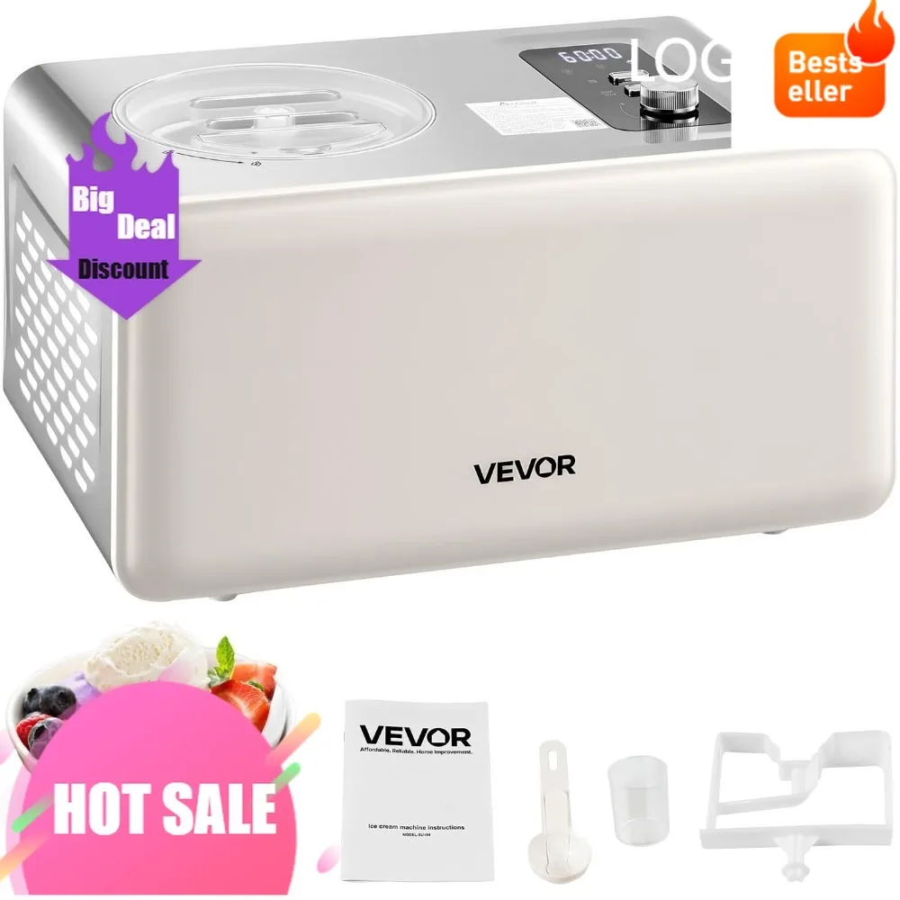 VEVOR Self-Contained Ice Cream Machine - 2 Quart Gelato & Sorbet Maker with Compressor, 3 Operating Modes