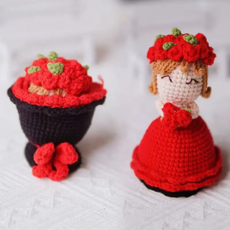 (미완성) DIY 양면 크로셰 꽃다발 꽃인형, 수제 신부 크로스드레싱 웨딩드레스 인형