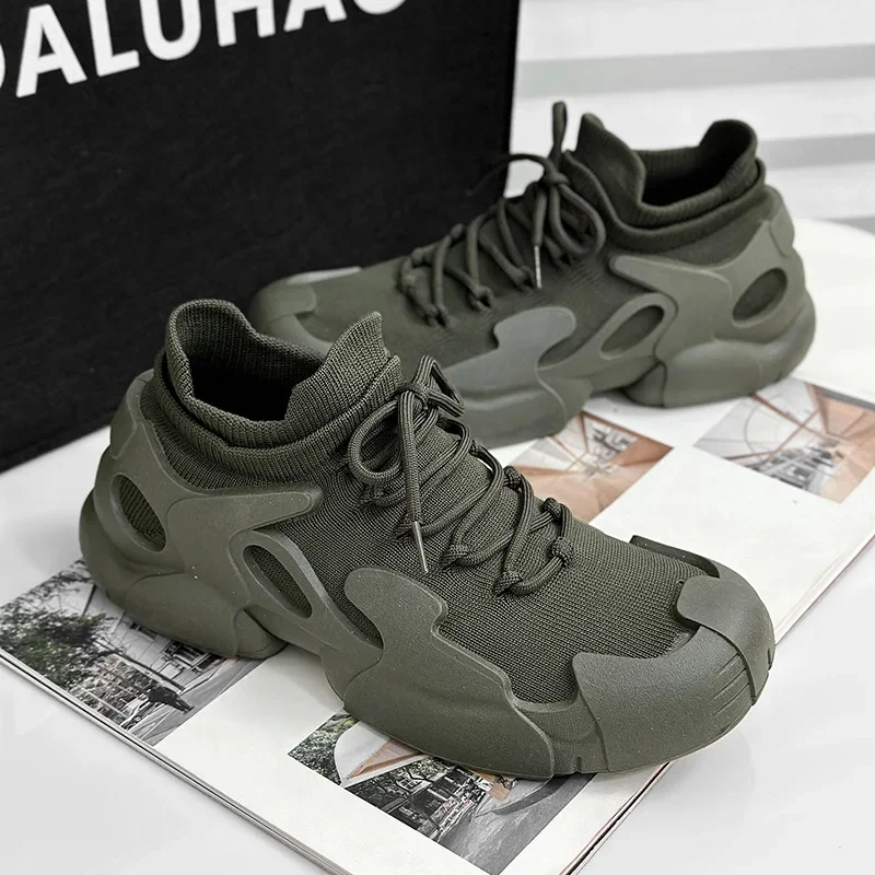 New Men Sock Shoes Breathable Lightweight Lace Up Comfortable Sneakers Round Toe Solid Colour Wear Resistant Vulcanised Shoe 6
