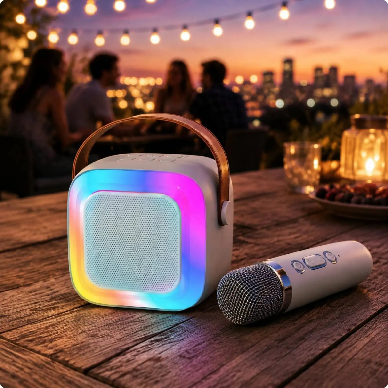 블루투스 노래방 스피커 딥 베이스 무선 마이크 스피커 세트 휴대용 노래방 기계 LED 조명 오디오 장치 (야외, 파티용)