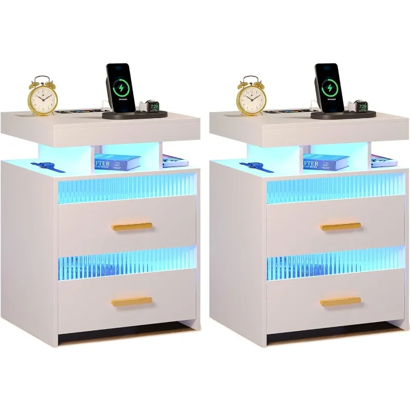 

Nightstand Set of 2 with Lights: LED Night Stand Bedside Table with Charging Station-End Sofa Tables with Human Sensor & Drawers