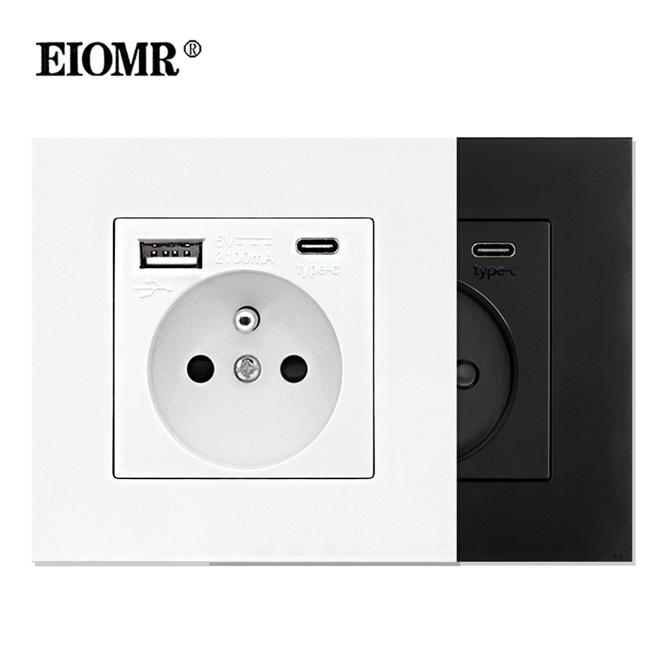 EIOMR EU Power Socket With Type-C Charging For Home 5V 2A Intelligent Charging Port 86*86mm PC Panel USB Wall Socket 16A Outlet