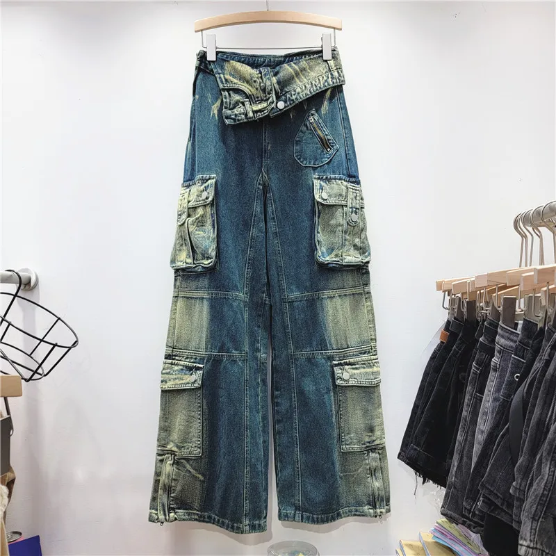 

2024 Spring Autumn New High Street Workwear Style Spliced Multi Pocket Design Jeans Women Wide Leg Pants Trend LX184