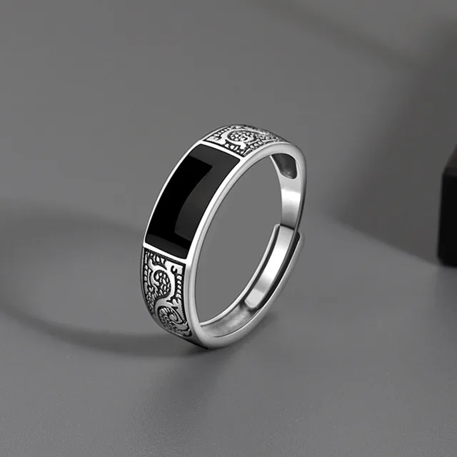 Bagues Vintage en Faux Onyx pour hommes, anneau ouvert réglable en acier inoxydable, couleur argent, bijoux Punk à la mode, cadeaux