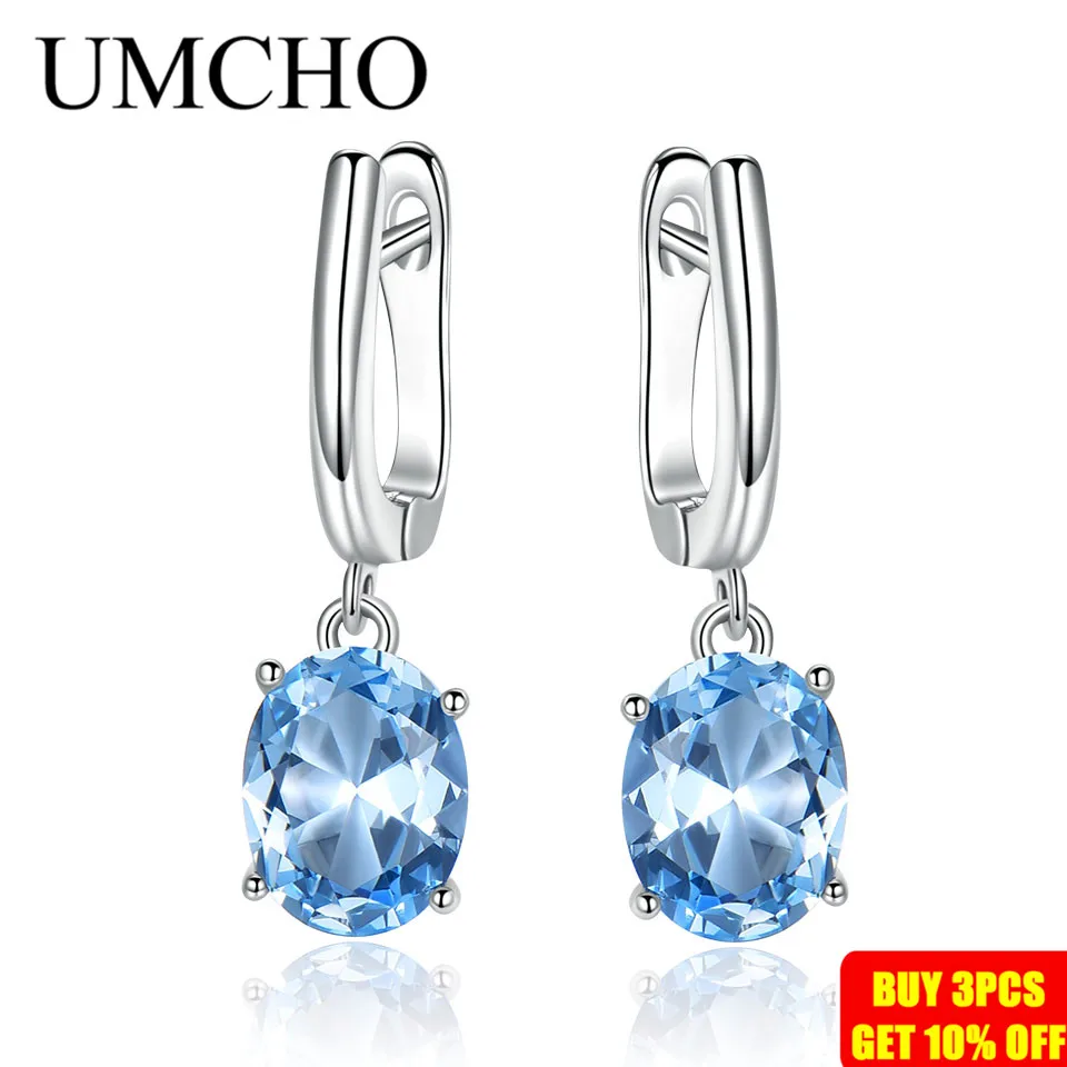 Umcho Blue Topaz Gemstone Clip Oorbellen Voor Vrouwen Echt 925 Sterling Zilveren Fashion Oorbellen Bruids Bruiloft Sieraden Party Gift