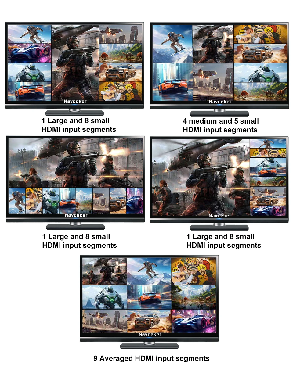 Navceker HDMI 호환 멀티 뷰어, IR 포함 심리스 스위치, 4K, 9 in 1 Out, 1080P 쿼드 스크린