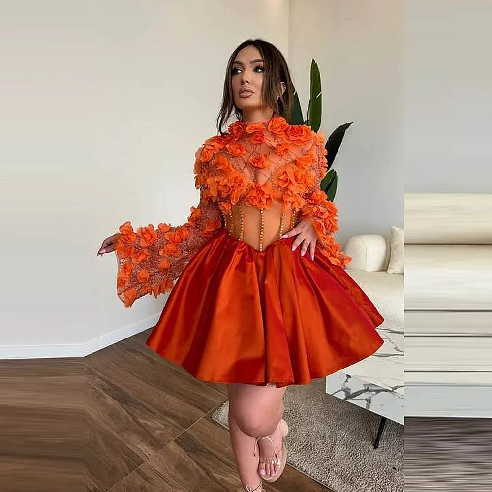 Handmade Flowers Cocktail Dress Illusion Top Long Sleeves A Line Party Dress Formal Women Girls Prom Gowns