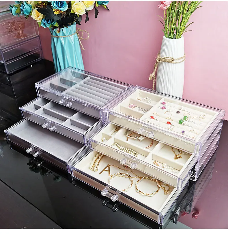 

New Three Layer Transparent Drawer Earrings Necklaces Bracelets Jewelry Storage Box Big Size Women Flannelette Jewelry Box Gift