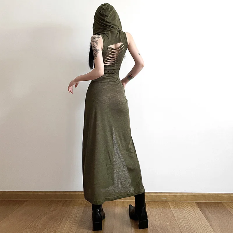 Goth Dark Cyber Gothic Desert Walker Hooded Dresses Y2k Punk Grunge Hollow Out Midi Dress Women Sexy Split Side Solid Streetwear 3