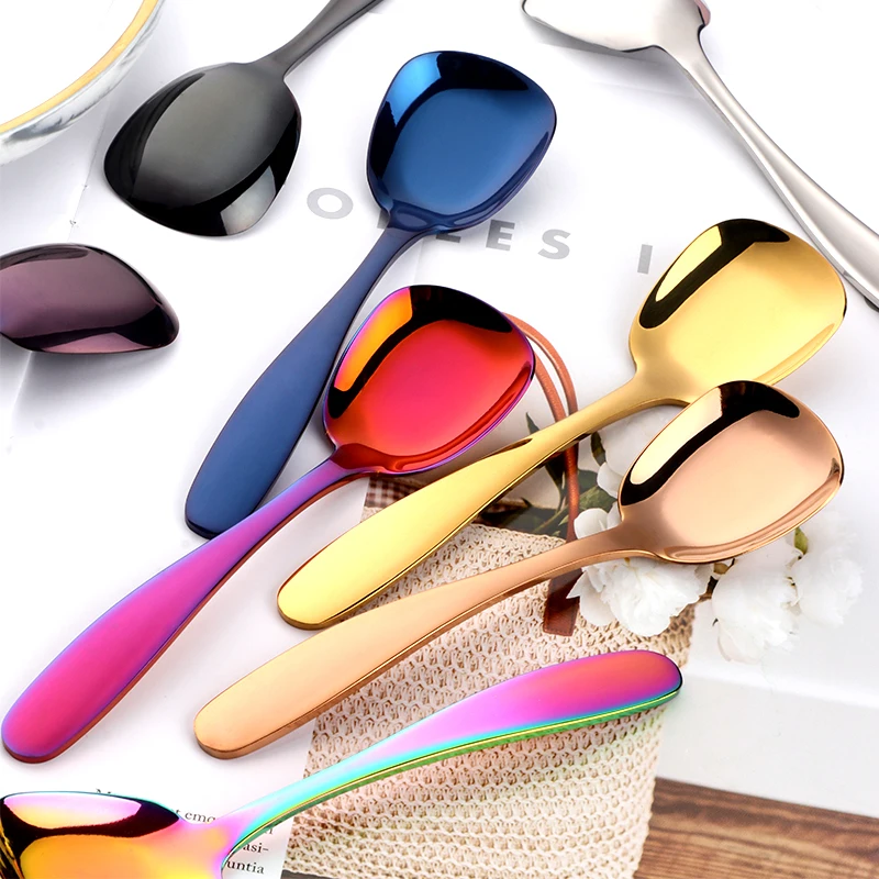 Stainless Steel Spoon Stainless Steel Spoon Set 1PC Plat Bottom Spoon Stainless Steel Square Dinner spoons Rice Dinnerware Child Samll Gold Spoon for Ice Cream Dessert Salad