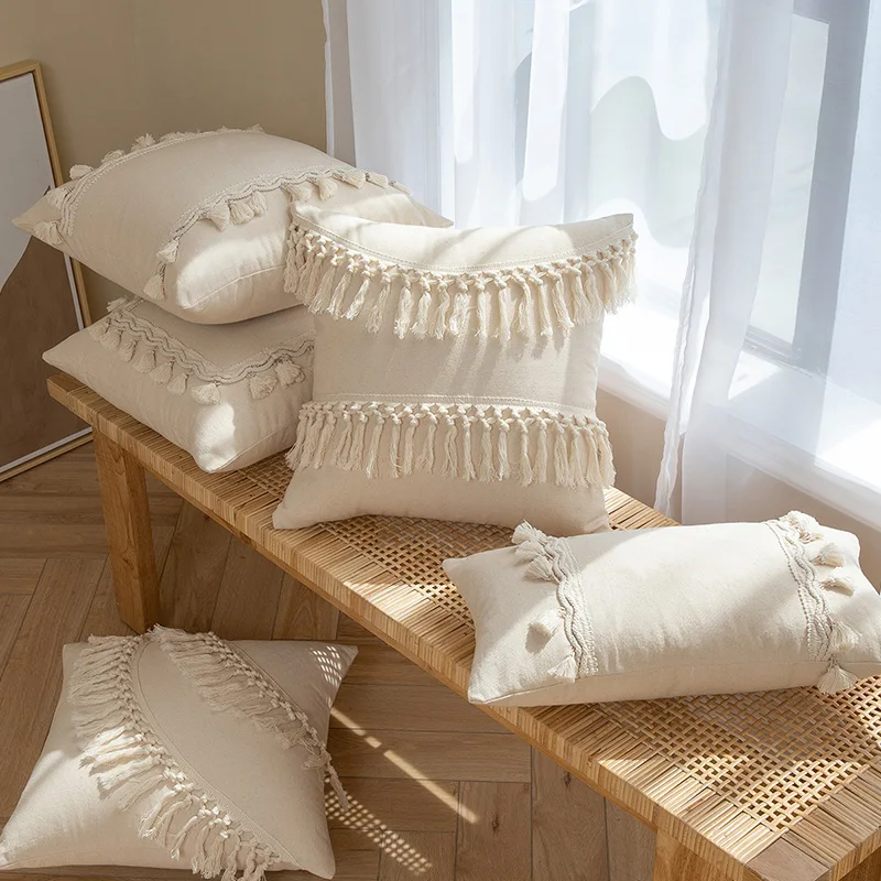 

Bohemian Linen Cotton Pillow Cover Home Decorative Beige Cushion Cover With Tassels Solid Color Sofa Throw Pillow Cases 45x45cm