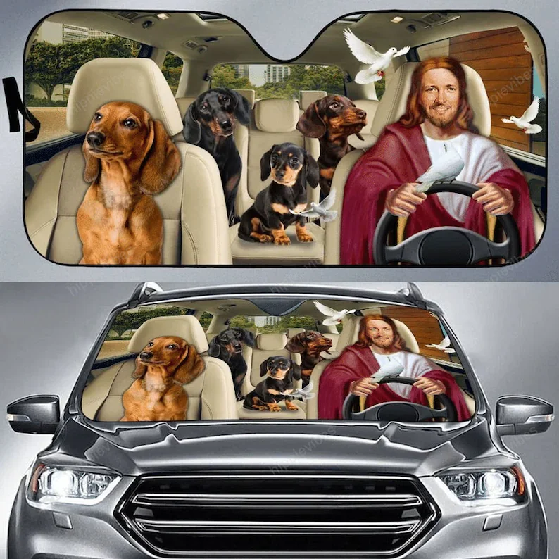 

Dachshund And Jesus Driving Car Sunshade,Nice Gift Decors Car For Jesus Dachshund Lovers Car Sunshade