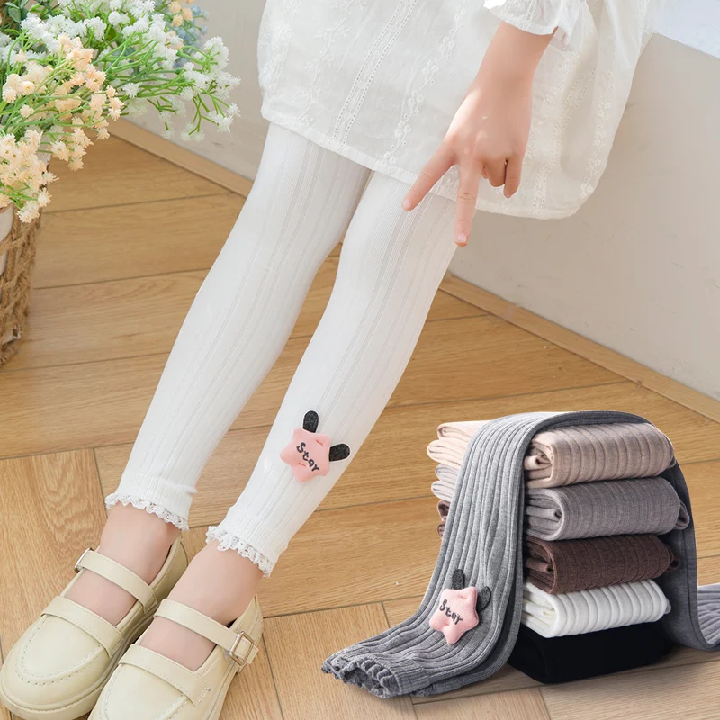 

Girls leggings spring autumn cute star lace cropped trousers children pantyhose outer wear long pants kawaii cartoon baby tights