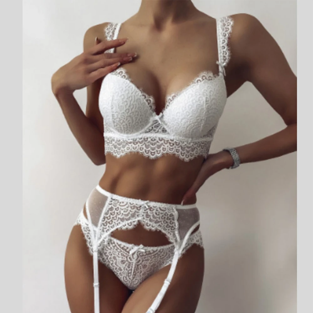 

Women Lace Bra Thong Suspender Lingerie 3Pcs Set See-Through Underwear Sensual Slim Fit Tights Hollow Erotic Clubwear Nightwear