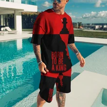 

2022 Summer 3D Printed Men's T-Shirt Set Colorblock Letter Print Casual Round Neck Short Sleeve Oversized Street T-Shirt Set