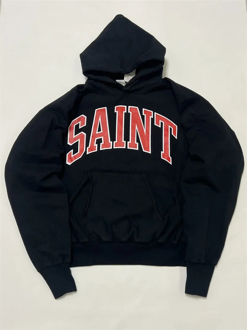 

24ss SAINT MICHAEL Black Hoodies Men Women 1:1 Top Quality Cracked Retro Print SAINT LOGO Oversized Sweatshirt