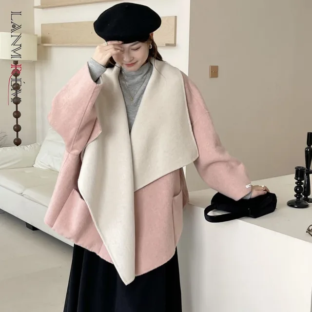 LANMREM Two-tone Shawl Collar Buttonless Drop Shoulder Mid-length Bathrobe Style Reversible Women's Double-faced Woolen Coat New