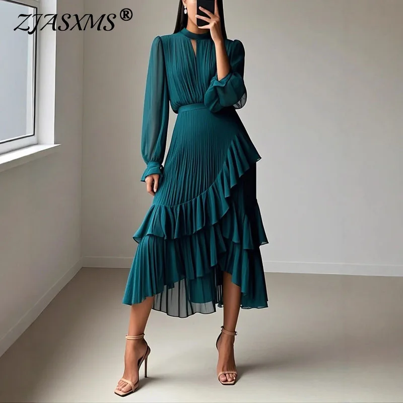 Chic Spring O Neck Ruffle Irregular Dress Woman Solid High Waist Pleated Long Dresses New Autumn Flare Long Sleeve Banquet Dress - AliExpress 200000345 Chic Spring O Neck Ruffle Irregular Dress Woman Solid High Waist Pleated Long Dresses New Autumn Flare Long Sleeve Banquet Dress - AliExpress 200000345